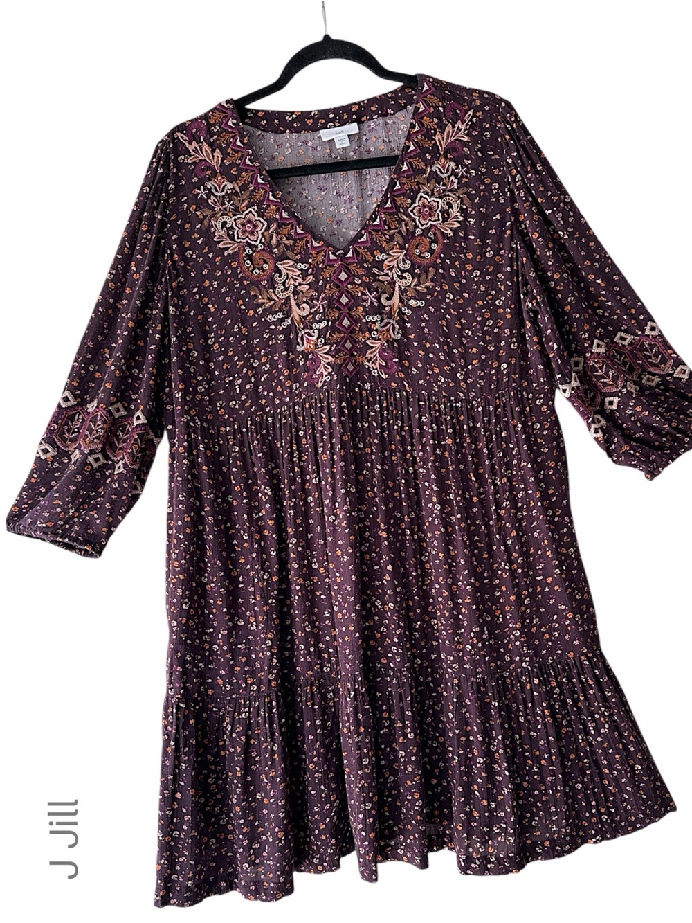 J JILL NWOT SONOMA EMBROIDERED FLORAL SWING DRESS PLUM DITSY POCKETS | LARGE